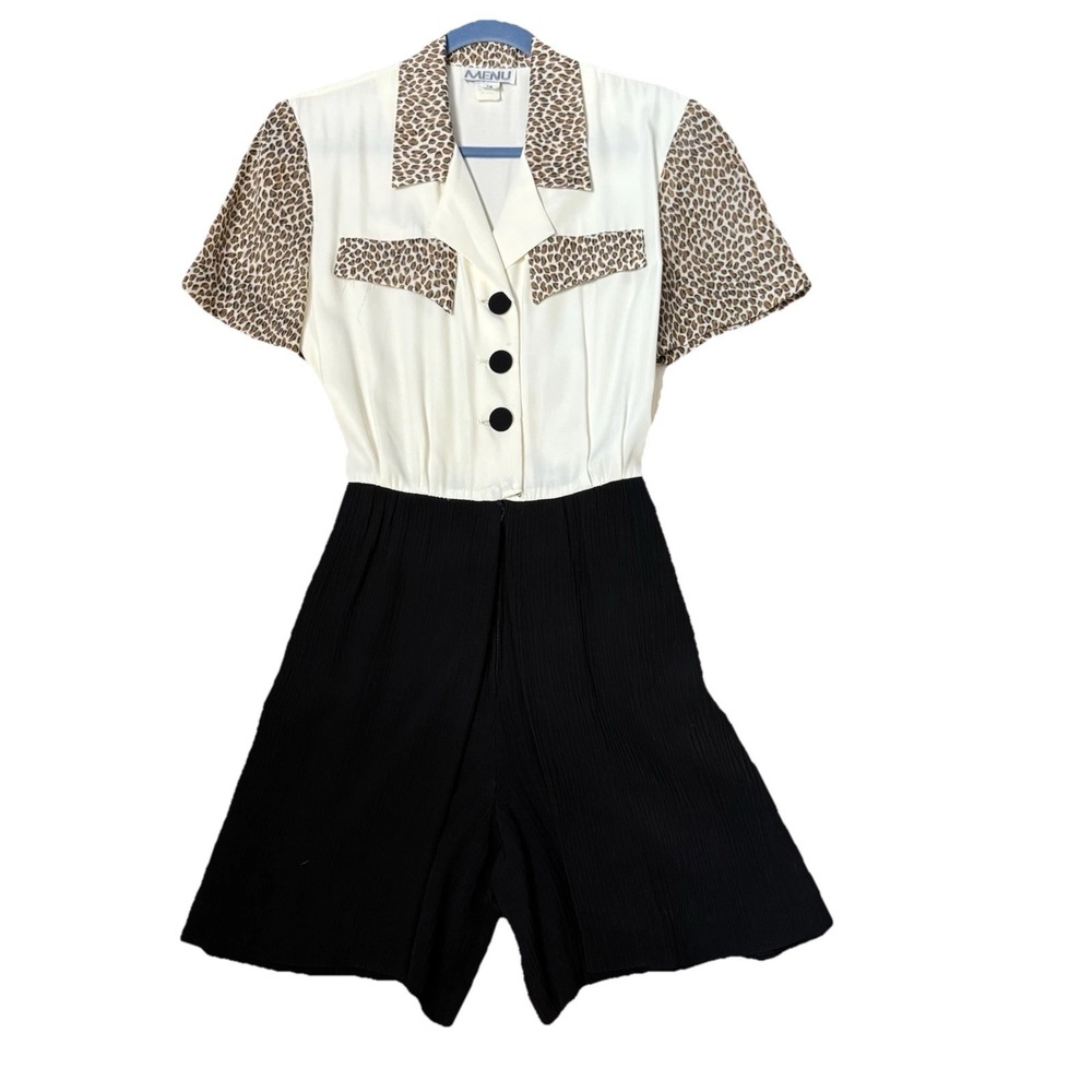 Vintage 80s Twee Romper Sz Medium 7/8 Animal Print Collar Pleated Flowy Shorts